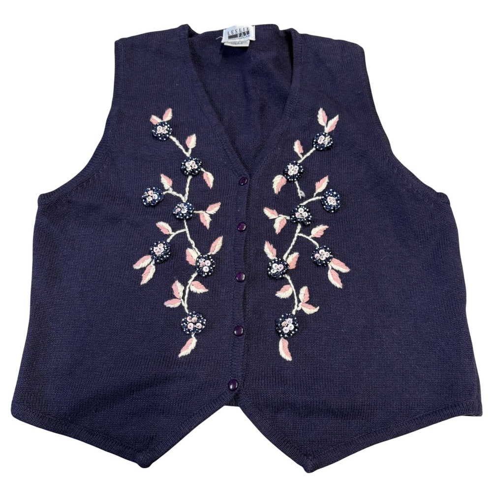 Vintage Leslie Fay Floral Embellished Knit Vest Cottagecore Grandmacore Medium